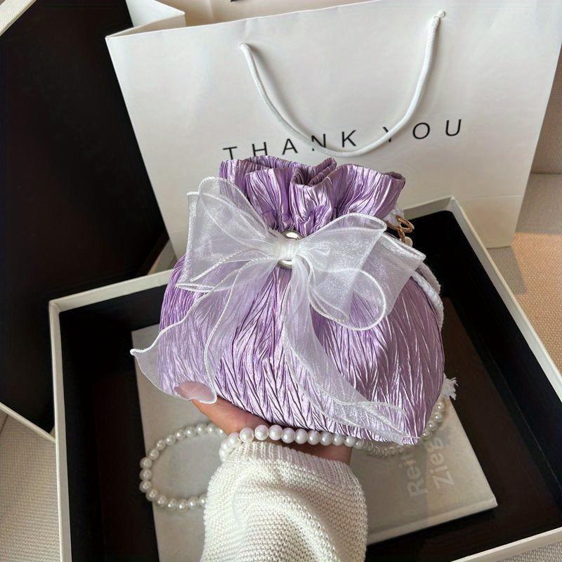 

Chic Bowknot Canvas Crossbody Bag with Faux Pearl Chain Versatile & Stylish Bucket Shoulder Purse for Women