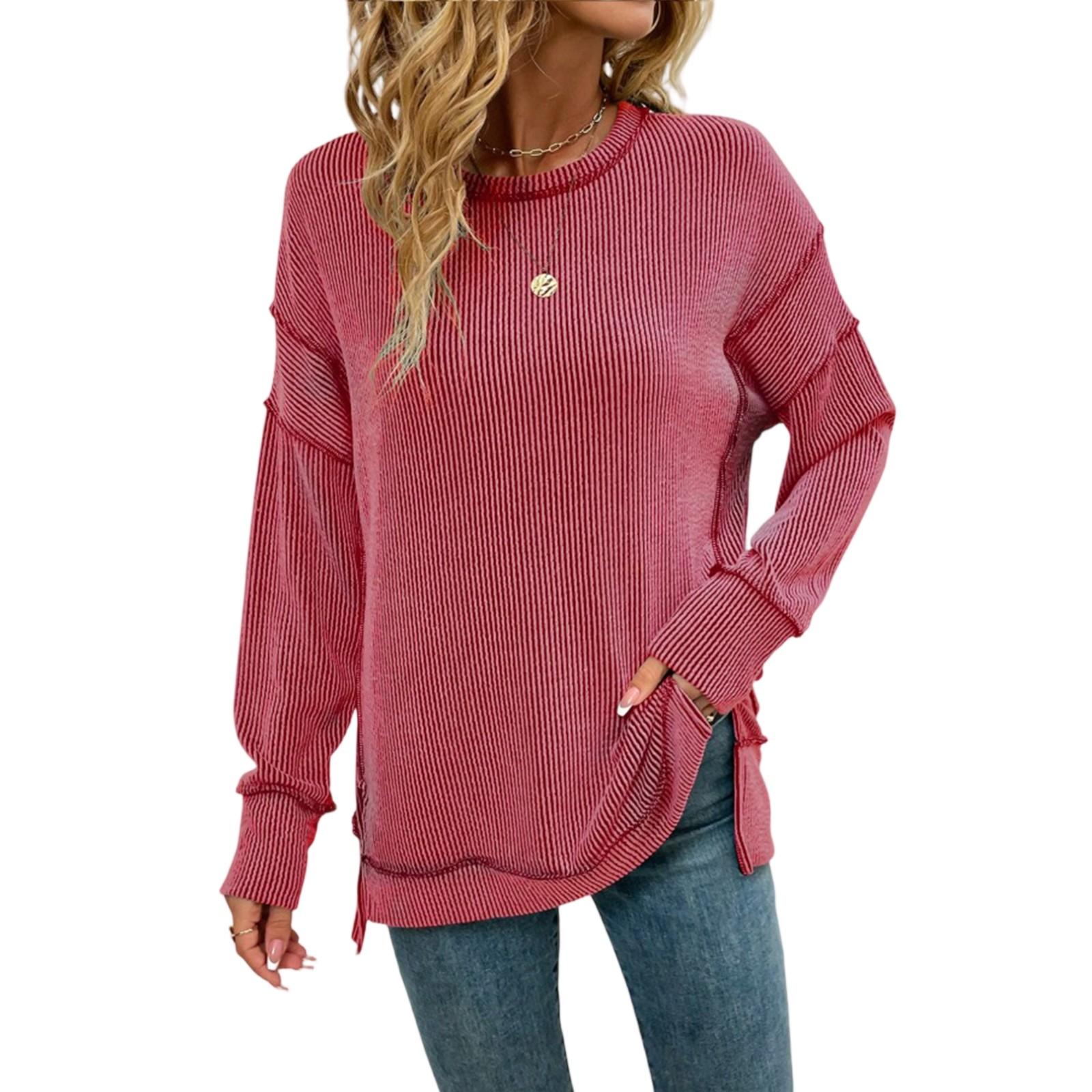 

Женский свитшот свободного кроя с длинными рукавами и разрезом, в полоску L красный