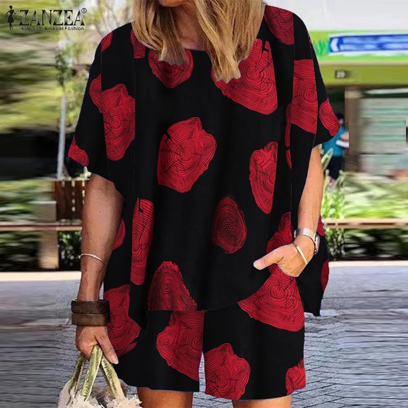 

ZANZEA, летняя винтажная одежда с принтом, женская повседневная блузка и короткие брюки, комплект из двух предметов