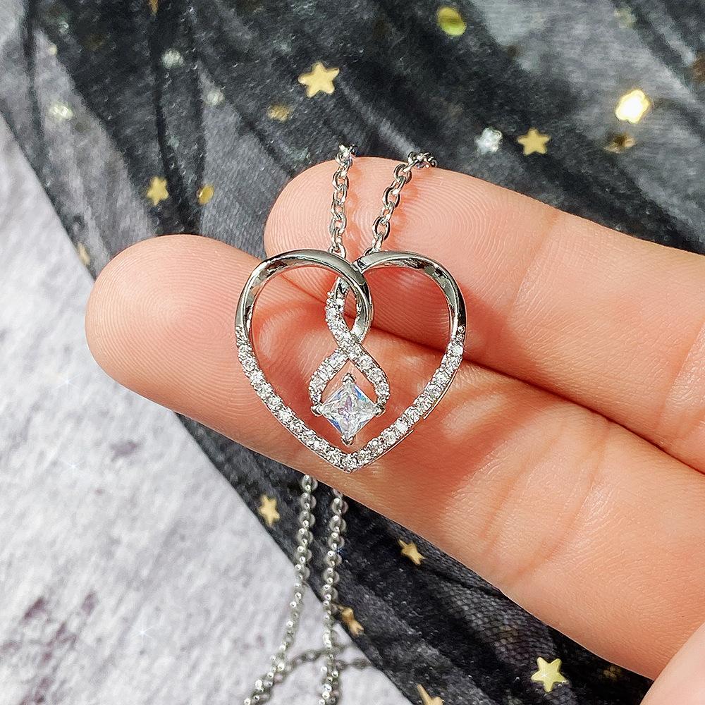 Silver Plated Infinity Heart CZ Pendant Necklace, Princess Cut Love Cable Chain Necklace for Women