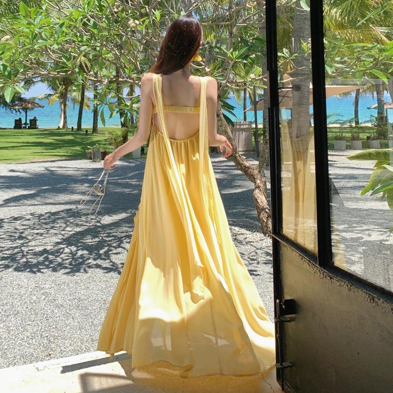 Sexy Backless Long Dress Seaside Vacation Dress Travel Wear Photo Dress Ruffle Edge Beach Dress