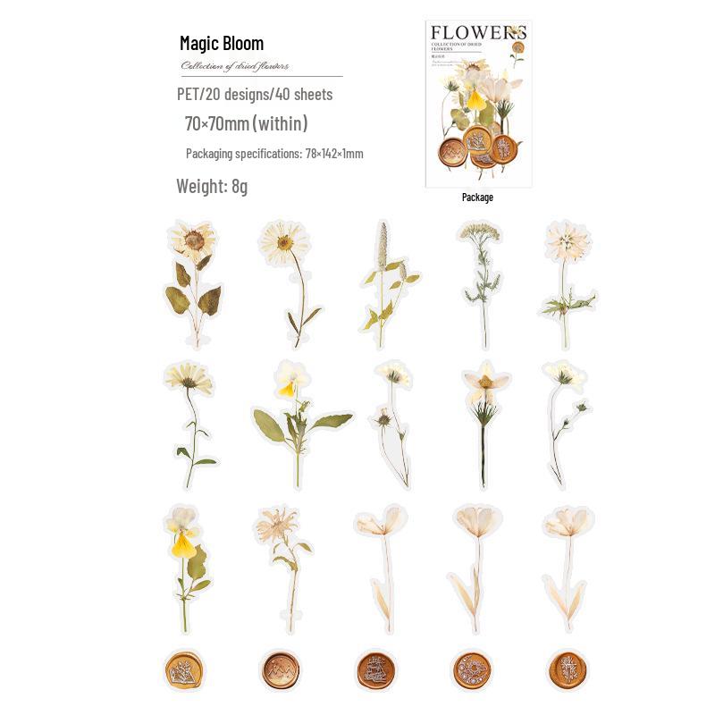 Paquete de Pegatinas para Mascotas de Día Maravilloso: 40 Hojas de Decoraciones para Diario de Flores Secas con Cera de Sellado