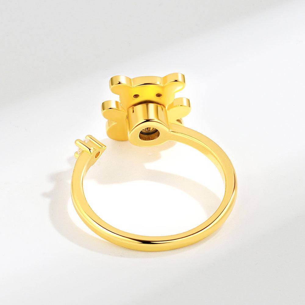 Charming Pink Diamond Bear Rotating Open Ring For Women Micro Paved Trendy Finger Band Jewelry