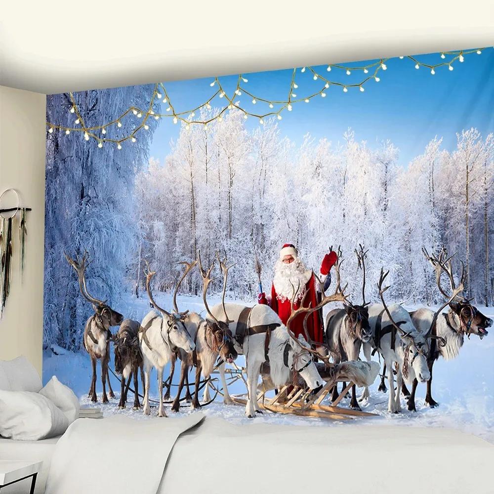 Christmas Sleigh Elk Pattern Living Room Bedroom Home Wall Decoration Tapestry