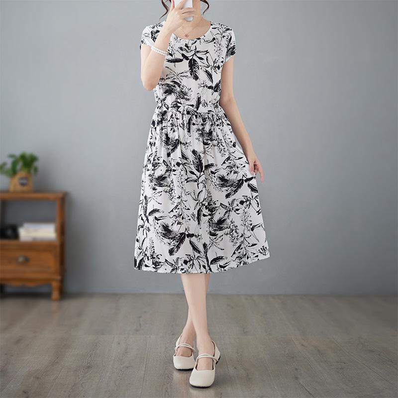 2025 Summer Floral Cotton-Silk A-Line Dress: Women's Short Sleeve, Loose Waist, Slimming Tie Mid-Length