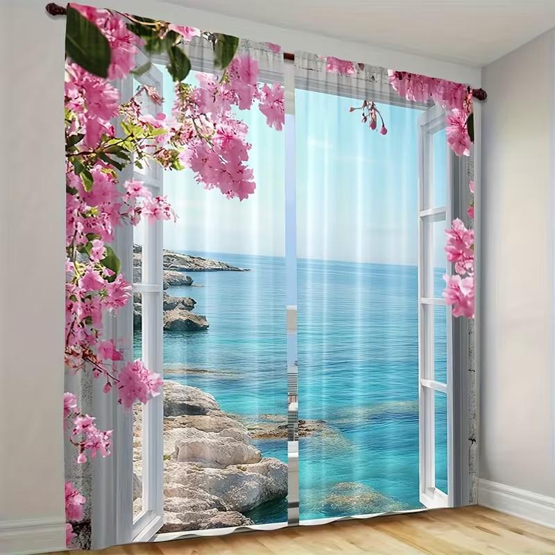 2 Pcs Seaside flower scenery print curtains,suitable for bedroom,living room kitchen decoration,home decoration,window decor