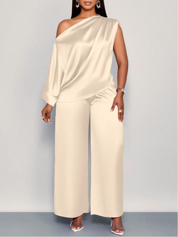 Damen One-Shoulder Drapierter Ärmelloser Uni-Farben Satiniert Weiter Bein Hosenanzug Set