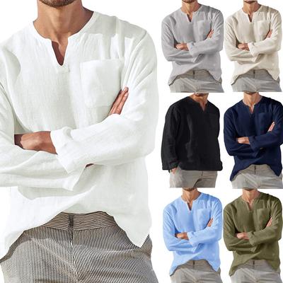 Men's Cotton Linen T Shirt Long Sleeve Hippie Casual Beach Vintage V-Neck Loose Pullover Tops Mens Tees Streetwear