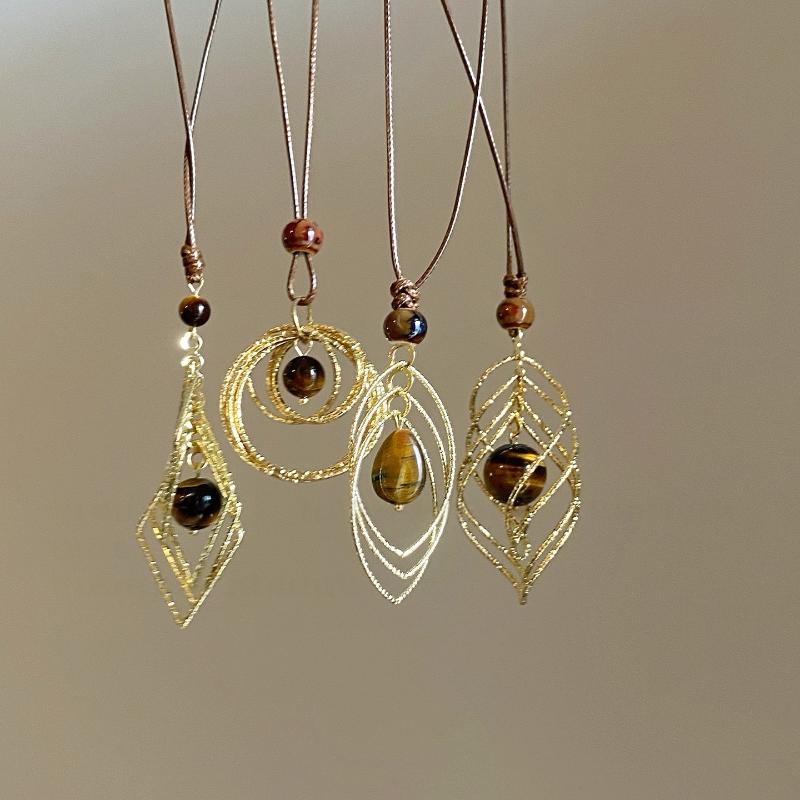 Vintage Brown Tiger Eye Stone Pendant Necklace For Women Fashion Long Rope Sweater Chain Necklaces
