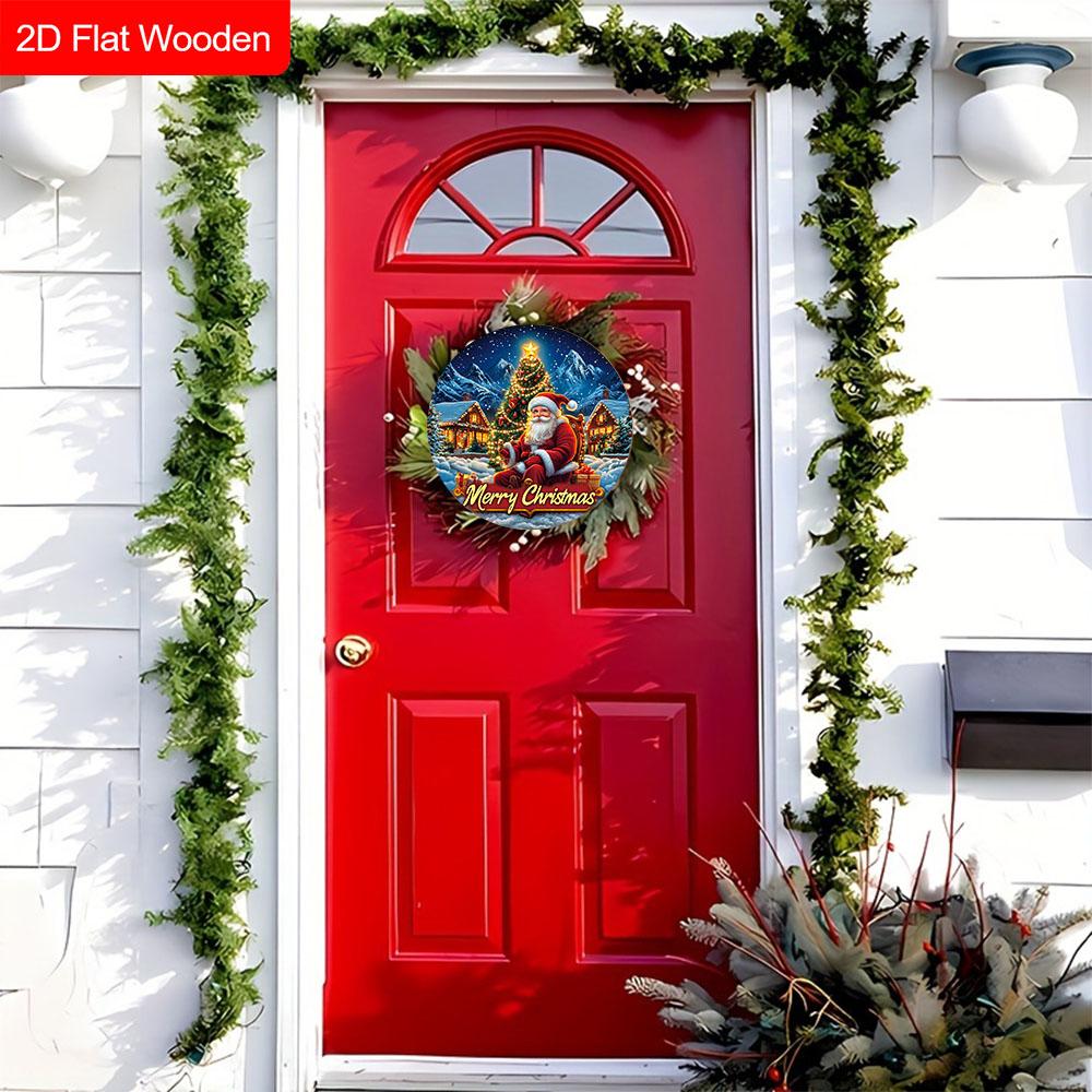 Merry Christmas Wooden Sign with Santa Claus Pattern - Navidad Round Sign for Front Door, Wall Hanging Decor - Ideal Christmas Decoration