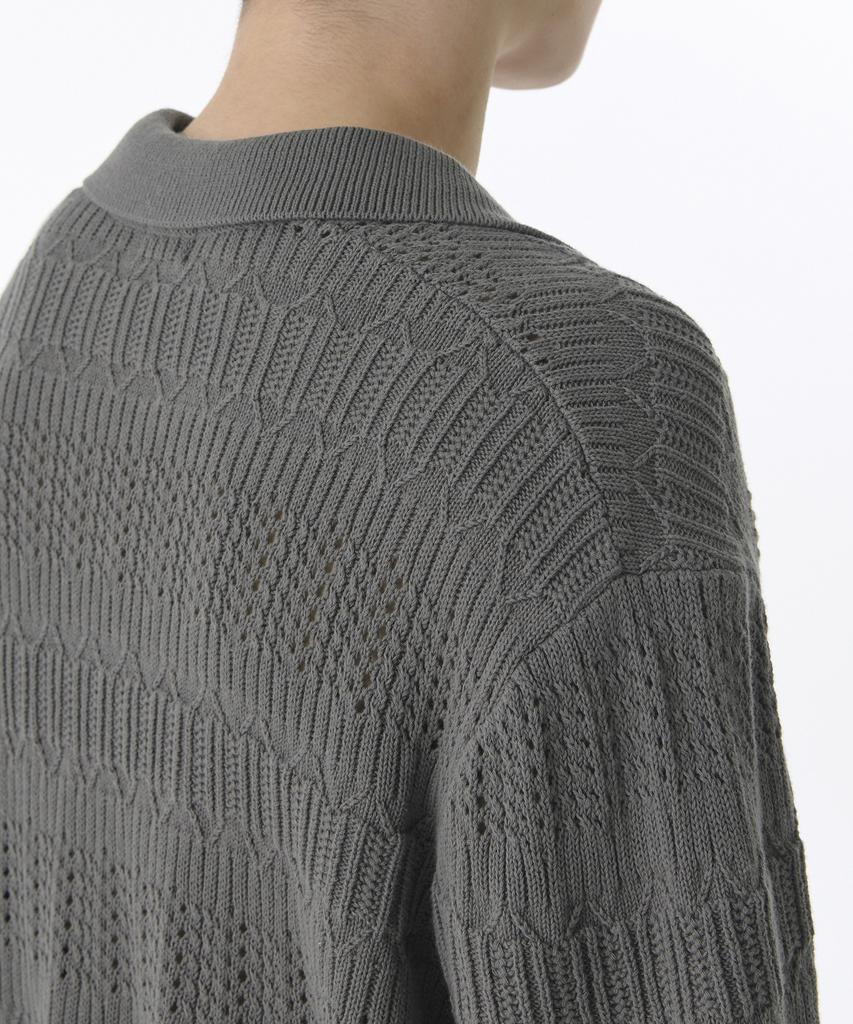 Musinsa Standard Multi-Crochet Slit Neck Knitted Polo Shirt [Khaki Grey]