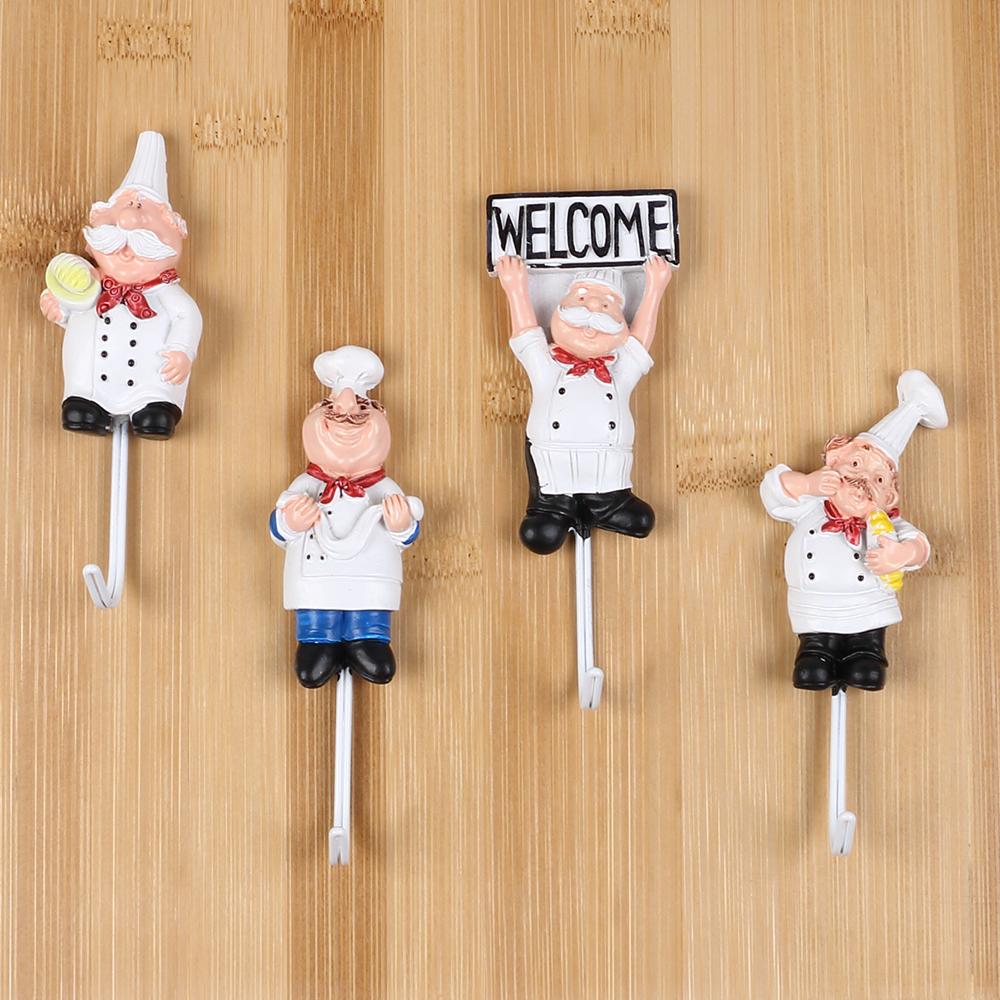 French Chef Wall Hooks Cartoon Chef Wall Mount Resin Stainless Steel Hanger Hook Kitchen Bathroom Home Decoration
