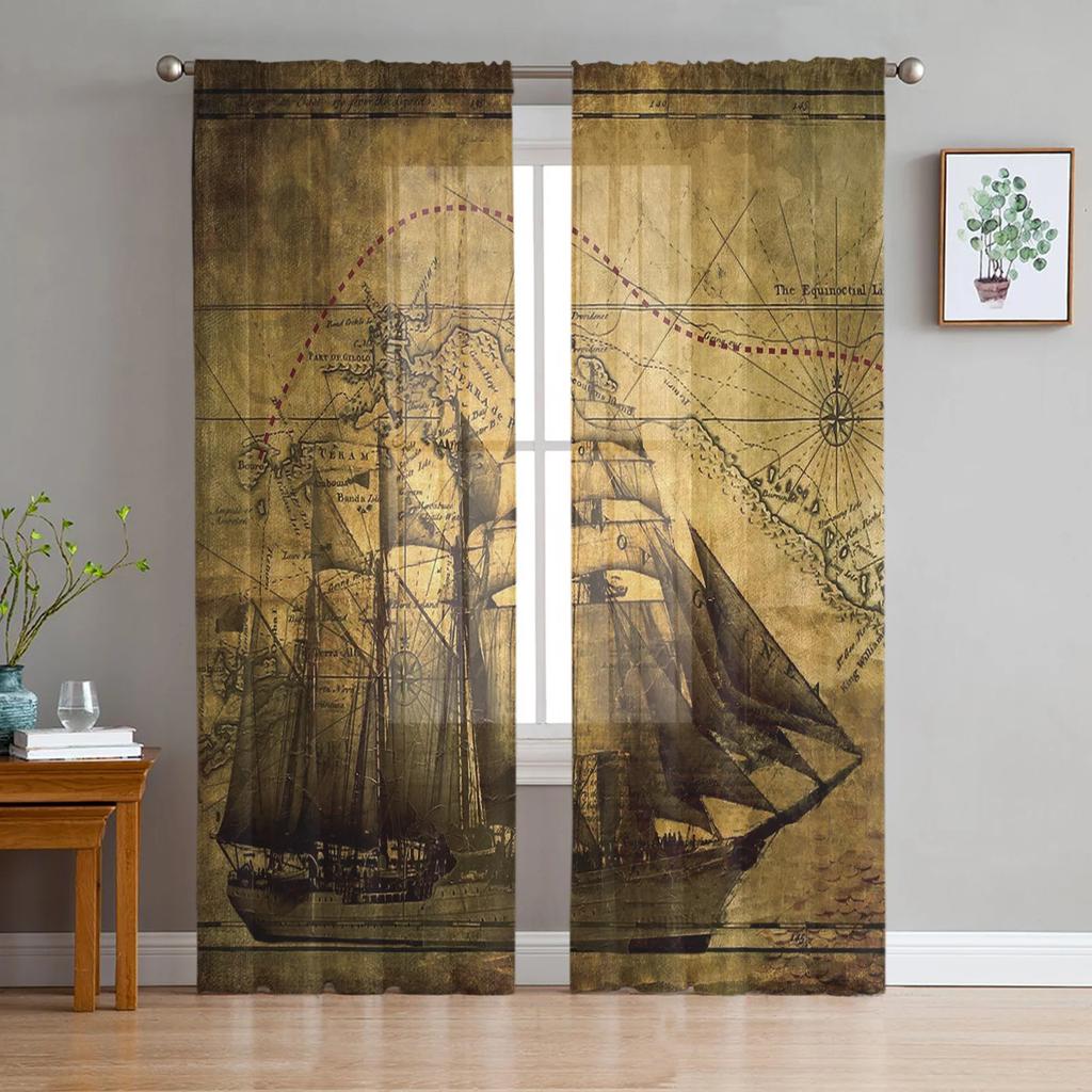 Vintage Sailing Ship Nautical Chiffon Sheer Curtains for Living Room Bedroom Decoration Window Voiles Tulle Curtain Drapes