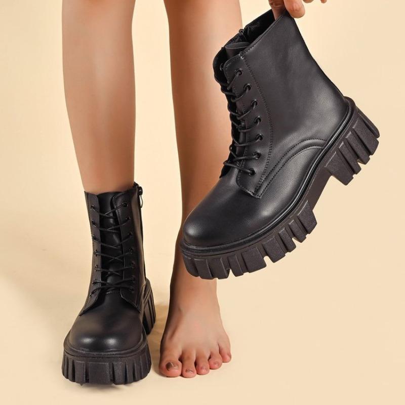 Plus Size Platform Lace-up Martin Boots for Autumn and Winter New Side Zipper Round Toe Mid-cut Fashion Women's Boots