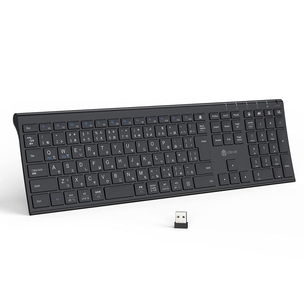 iClever Wireless Keyboard, 2.4G, Japanese JIS Layout, Ultra-Slim, Type-C Rechargeable, Full-Size Keyboard with Numeric Keypad, for PCs (Receiver