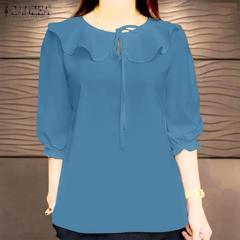 ZANZEA Women Ruffles Round Neck Casual 3/4 Sleeve Loose Blouse
