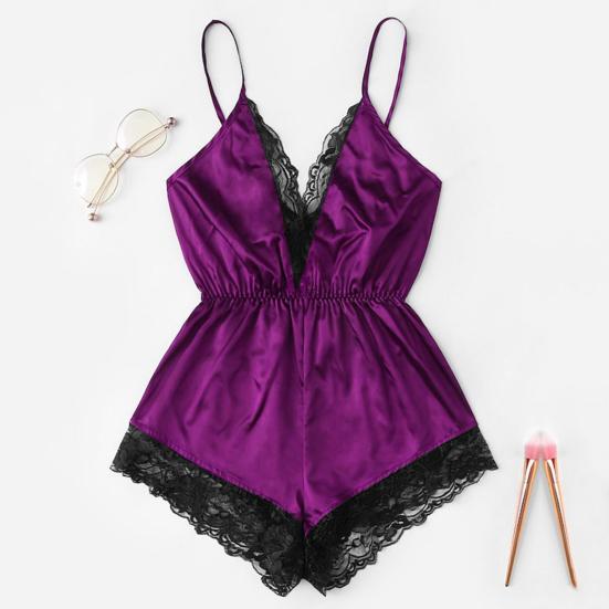Women Sexy Pajamas V-neck Sling Sleeveless Bodysuit Faux Satin Lace Stitching Romper Sleepwear Wide Leg Backless Nightwear