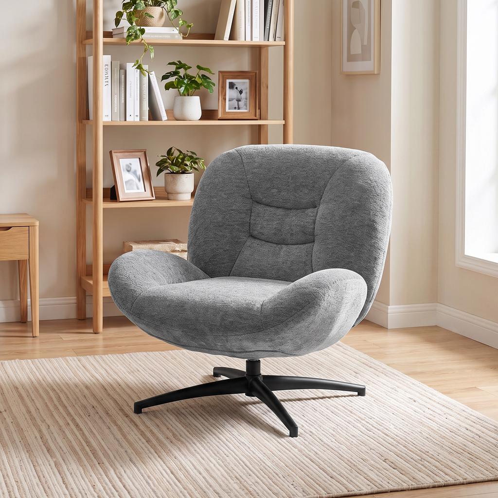 Living Room Swivel Lounge Chair With Wide Seat Integrated Armrest Chenille Look Dark Gray