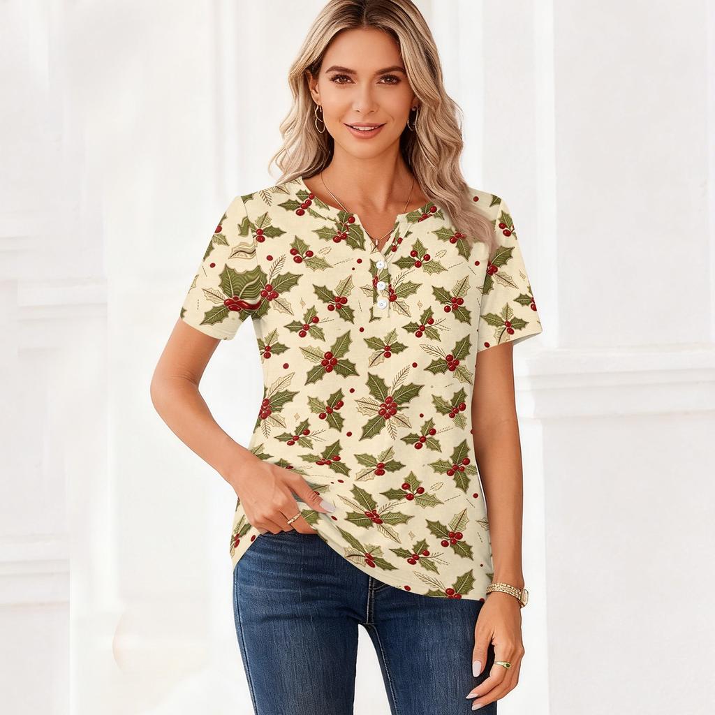 Women's Fashion Casual Christmas Print V-Neck Short Sleeve Button T-Shirt Top for Holiday and Everyday Wear