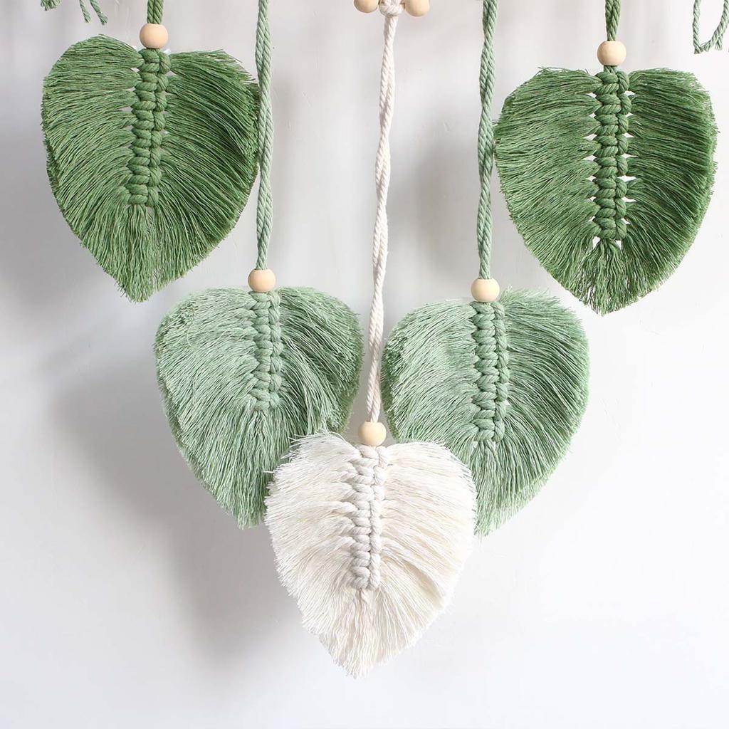 Nordic Handwoven Wall Hanging Tapestry with Shelf Leaf Design Home Decor Green 39x90cm