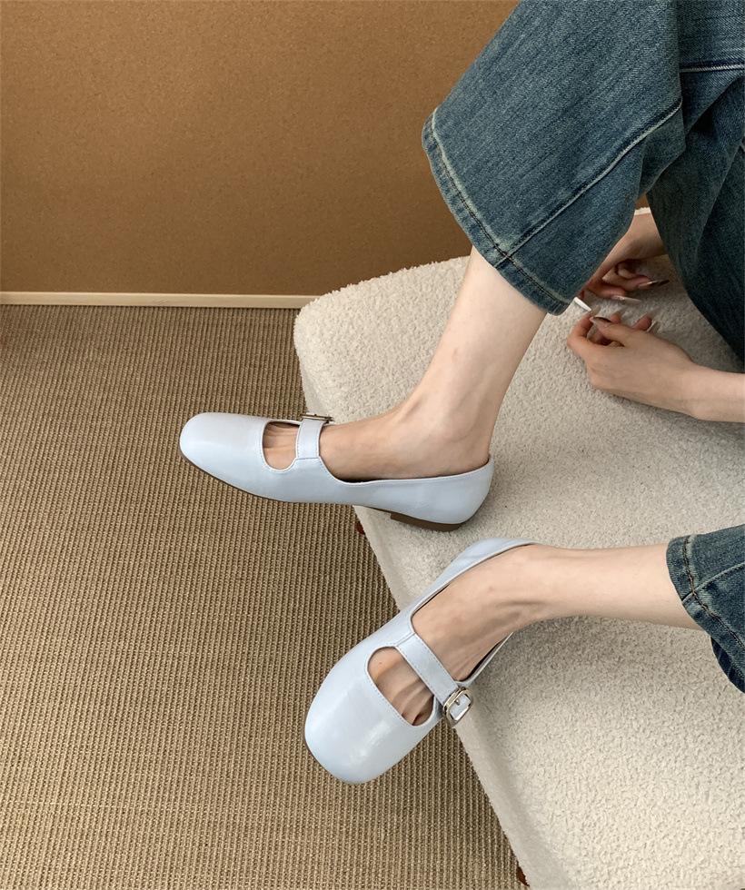 

2025 spring and summer new fashion round head Mary Jane women s shoes light mouth retro belt buckle single shoes one word with flat shoes 39 синий