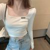 Women's Square Neck Long Sleeve Crop Top Slim Fit Embroidered French Style T-Shirts