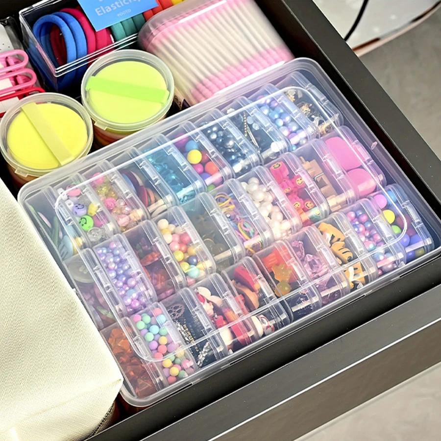 Odolný plastový úložný box, 30 přihrádek a malý kontejner - Průhledný organizér na šperky a drobné předměty