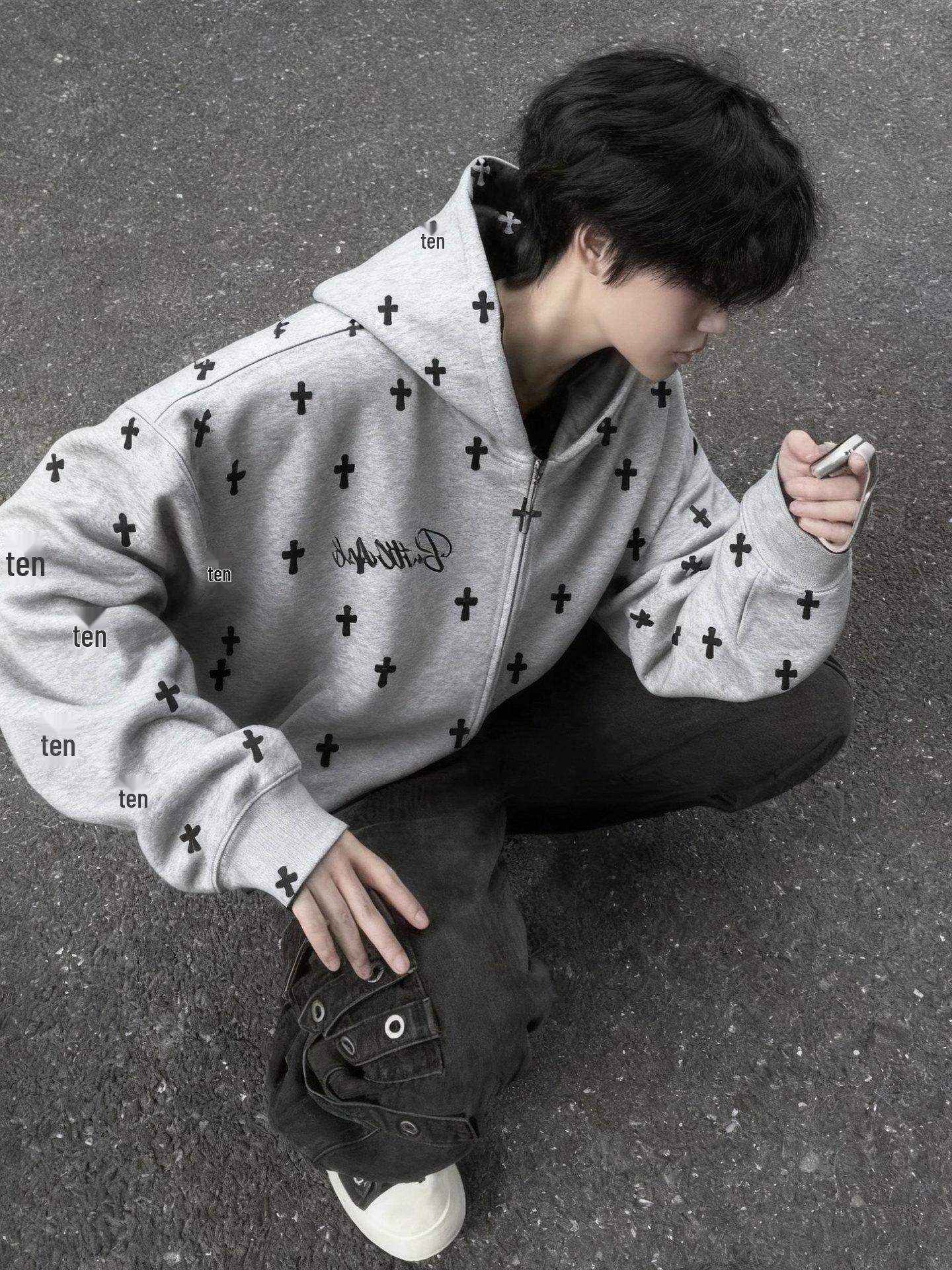 

Модний унісекс американський ретро худі на блискавці з вишивкою, вільний крій, верхній одяг зі 100% бавовни для чоловіків та жінок L сірий колір