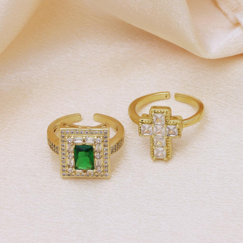 Copper Plated Zirconium Lucky Tree Cross Open Ring Women'S Light Luxury Design Hand Jewelry