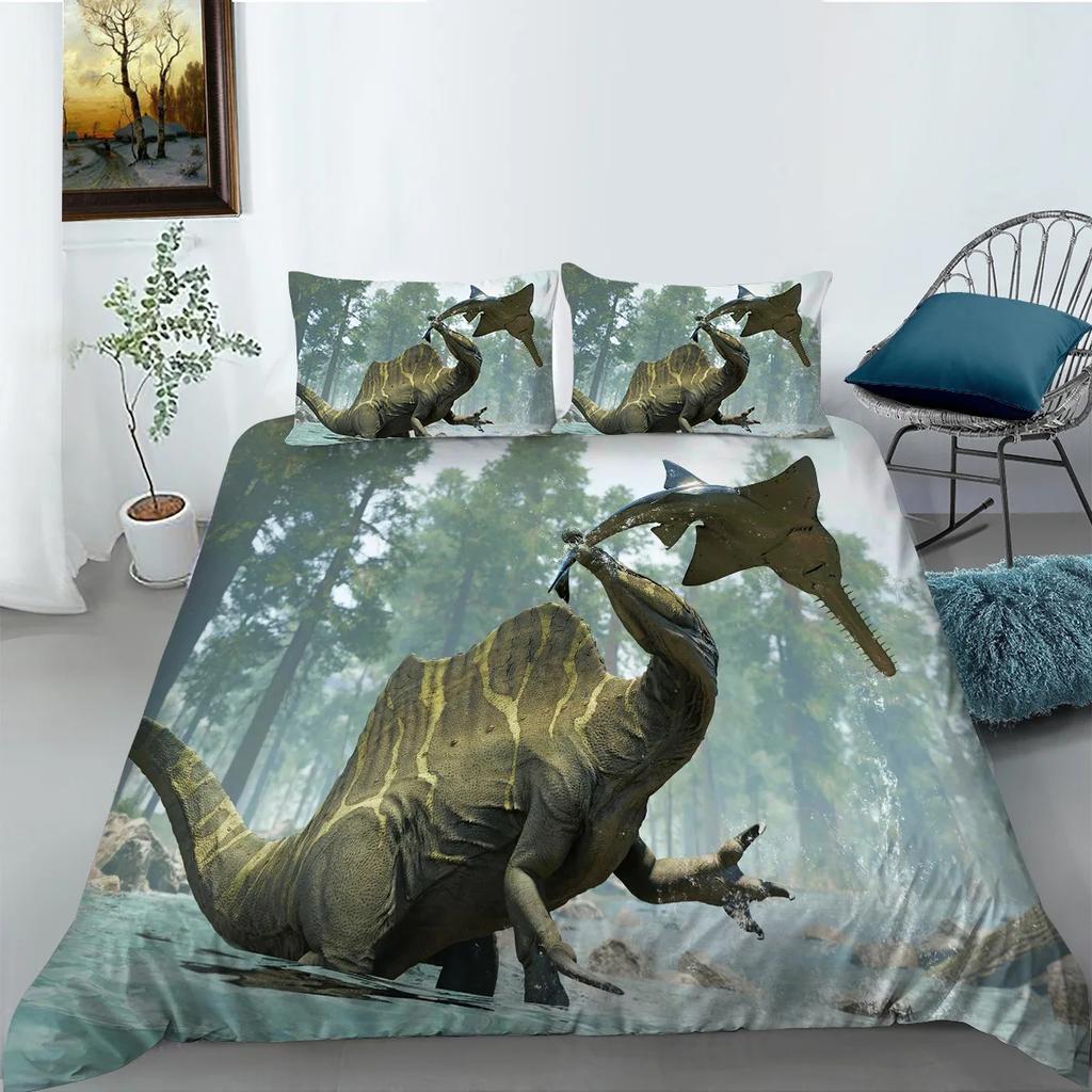 Jurassic Dinosaur Duvet Cover King Queen Huge Brown Triceratops Tyrannosaurus Diplodocus Polyester Bedding Set For Boys