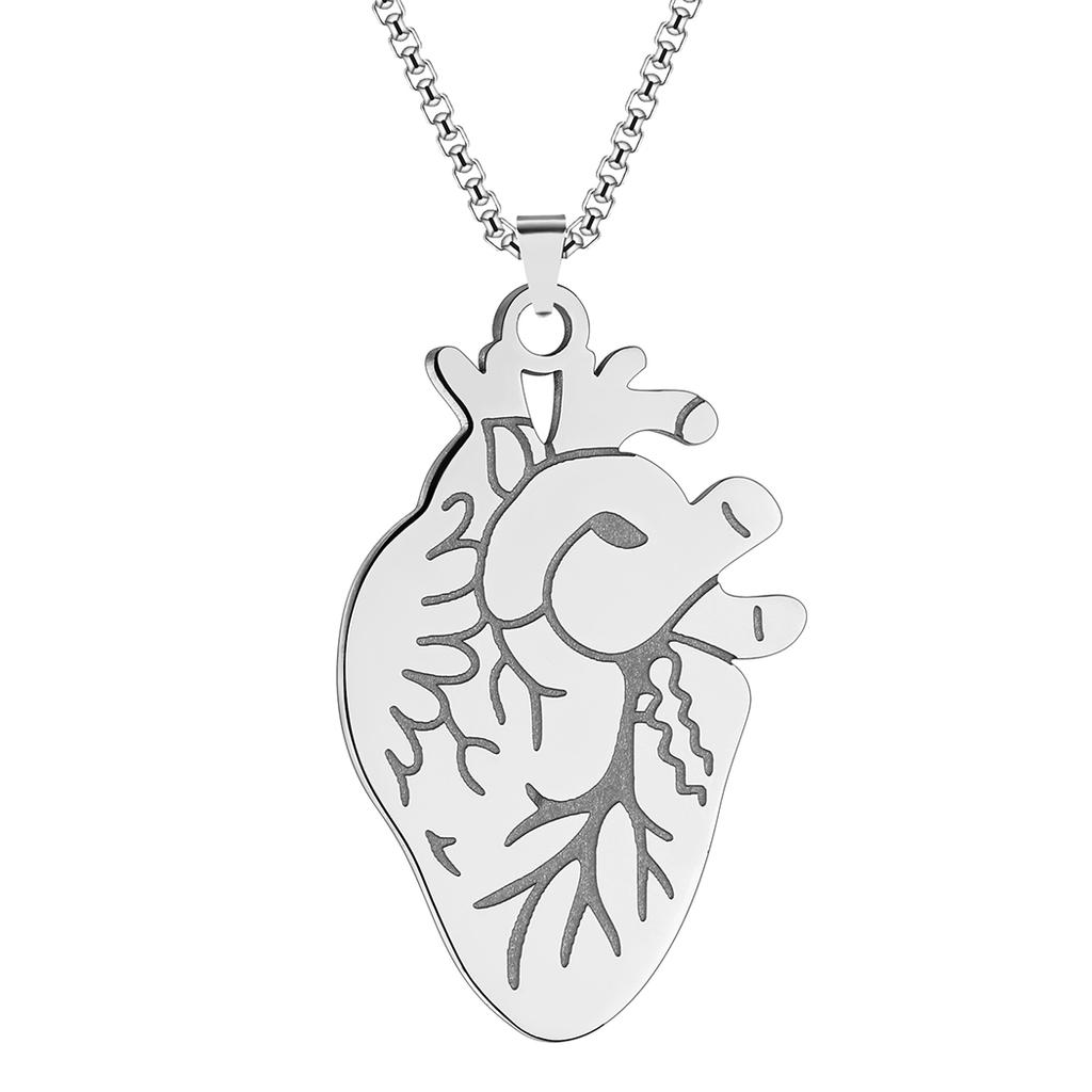 Kinital Laser Carved Exquisite Fashion Stainless Steel Necklace Anatomic Human Heart Charm Necklace Birthday Commemorative Gift
