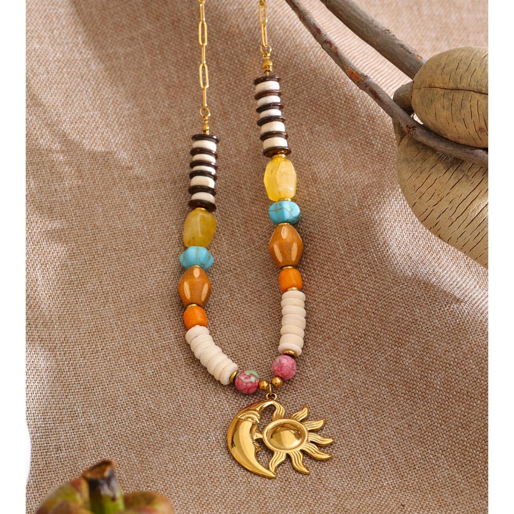 Eetit New Arrival Handmade Jewelry Natural Stone Resin Wood Beads Sun Moon Drop Necklace Stainless Steel Accessories Waterproof