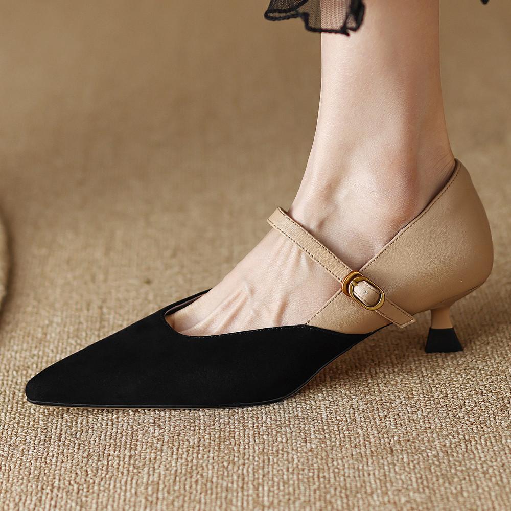 Plus Size 34-42 Women's Natural Suede Leather Sheepskin Patchwork Kitten Heel Pointed Toe Mary Jane Pumps Elegant Ladies Heels