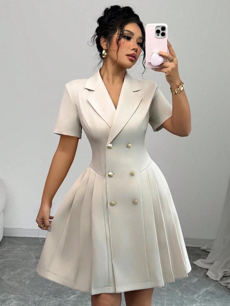 Imported Women's Dress, Waist-Defined Double-Button Gown