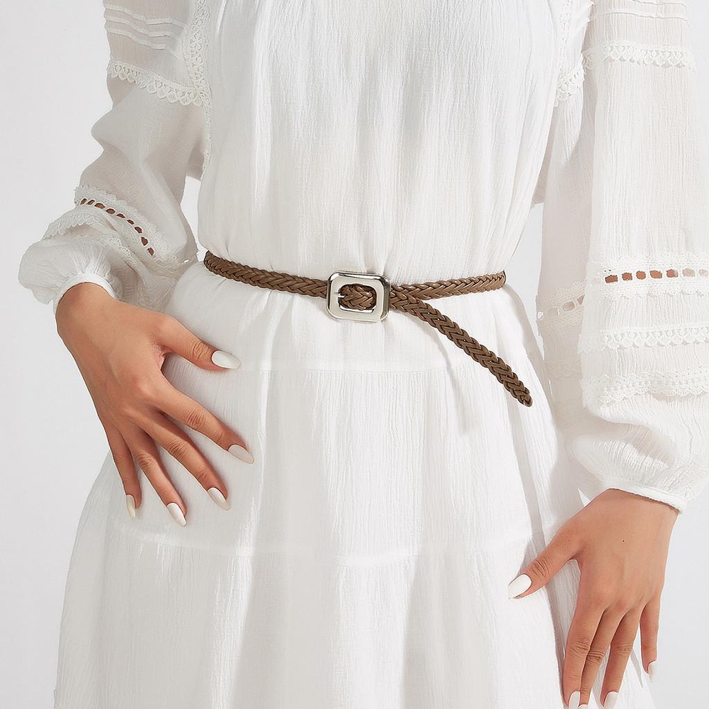 Womens Pu Casual Leather Belt With Woven Pattern And Alloy Buckle Daily For