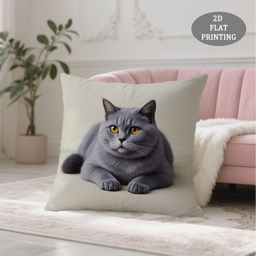1pc Throw Pillow Covers, Gray Cat Pattern Short Plush Pillowcase, Perfect for Patio Furniture Cushions, Office Decor, Living Room Decor