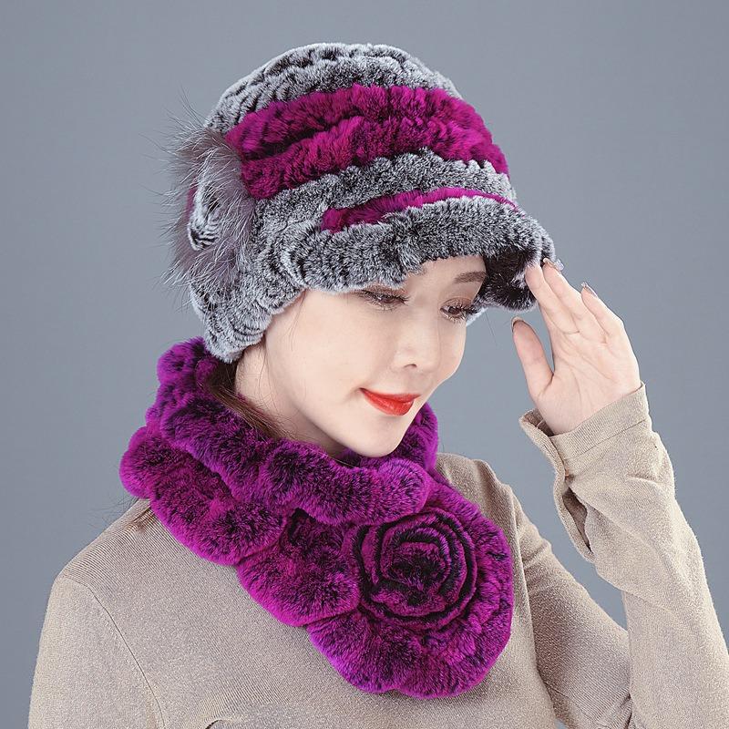 New Rex rabbit hair hat women's autumn and winter ear protection fur woven real hair medium and old thickened versatile scarf set