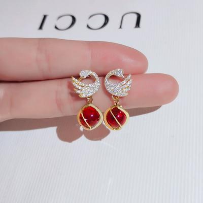 High-end Swan Earrings, New Trendy Korean Temperament, Red Opal Stud Earrings, Earrings, Versatile Earrings.