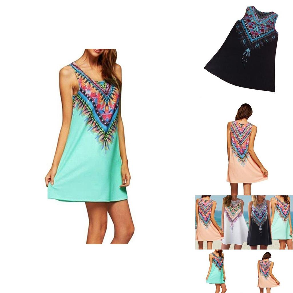 Dresses Women Loose Sleeveless Mini Dress Vintage Hippie Beachwear Boho