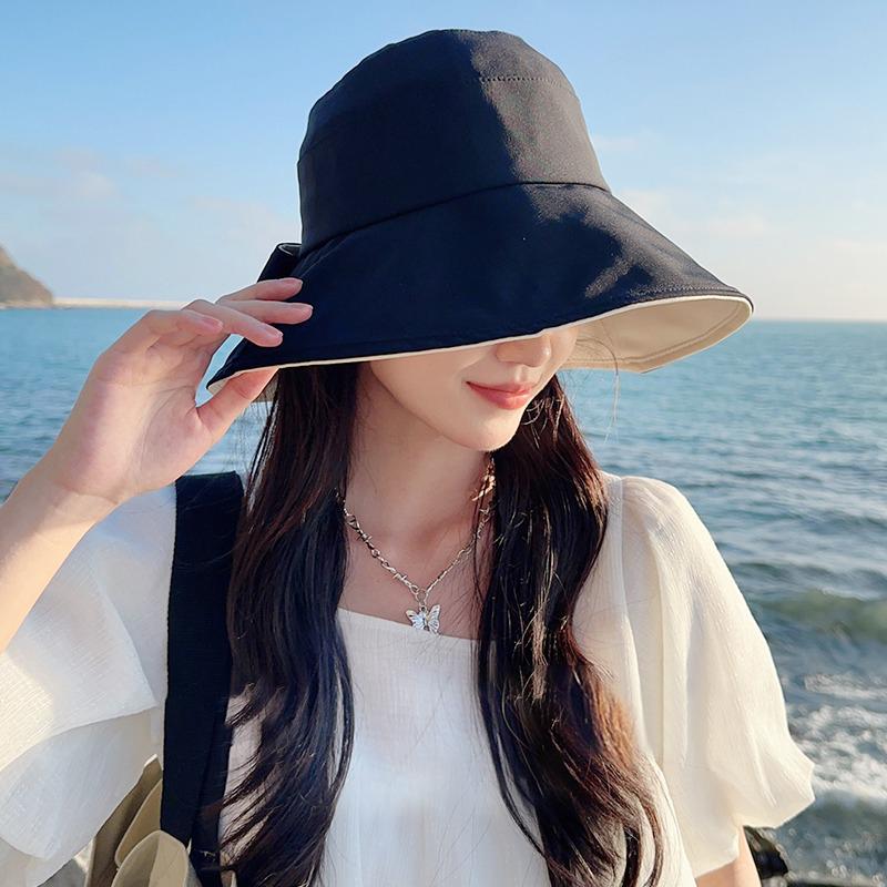 Women Big Bowknot Bucket Hat Solid Color Wide Brim Sun Protection Fisherman Panama Cap Sweet Girl Female Travel Beach Visors Hat