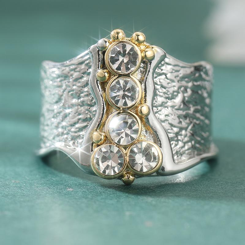 Vintage Inlaid White CZ Women's Ring Ethnic Two Color Hand Carving Daily Wear Party Jewelry Anniversary Gift