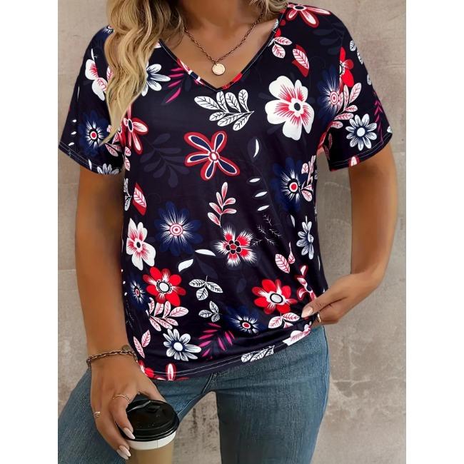 Summer V-neck 3D Retro Flower Printed Top Fashionable Casual Short Sleeved Women's T-shirts