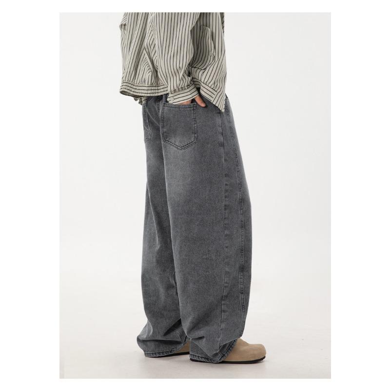 Men Loose Fit Washed Denim Jeans American Vintage Side Split Tapered Long Pants
