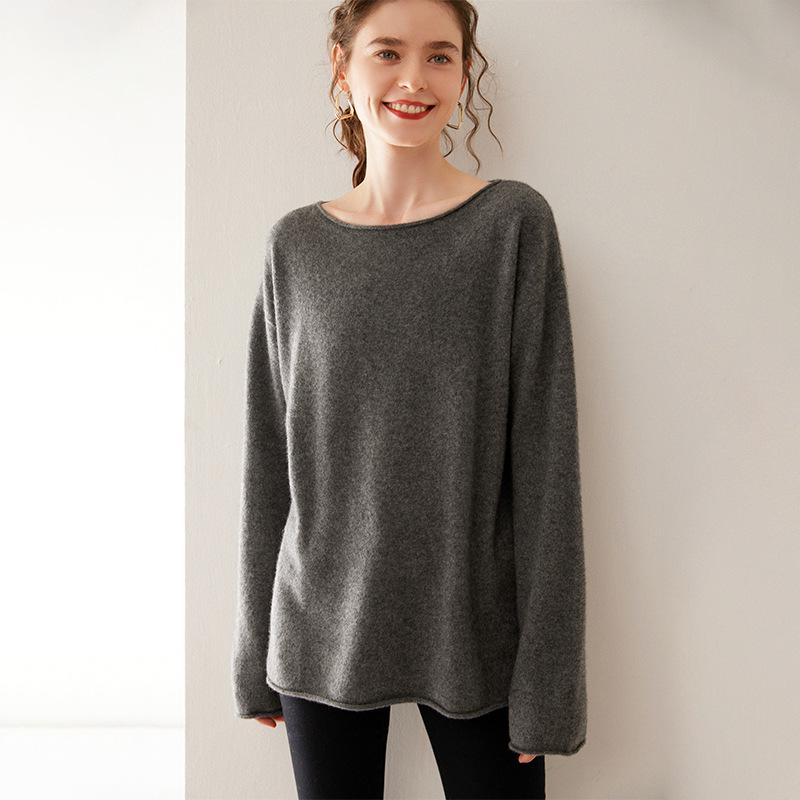 Women's Long Sleeve One-Shoulder Cashmere Knit Sweater - Mid-Length, Rolled Edge, Autumn/Winter Collection