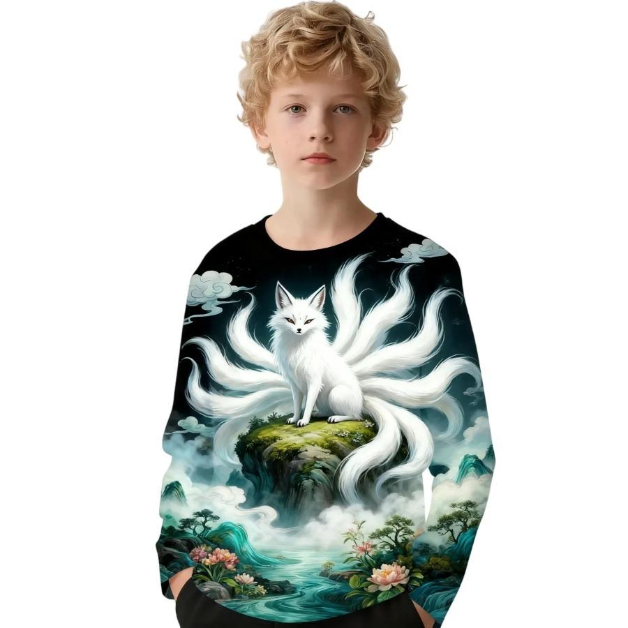 Tricou Băiat Imprimeu Clasic Fashion cu Model Munți și Mări Guler Rotund Larg Mânecă Lungă Haine Toamnă Casual Outdoor Top