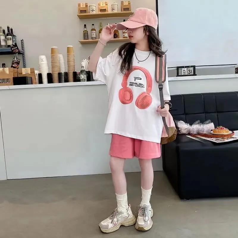 

Летний спортивный костюм для девочек, детский костюм для детей среднего и старшего возраста, футболка с круглым вырезом и коротким рукавом + шорты, индивидуальный комплект из двух предметов для отдыха 150 белый