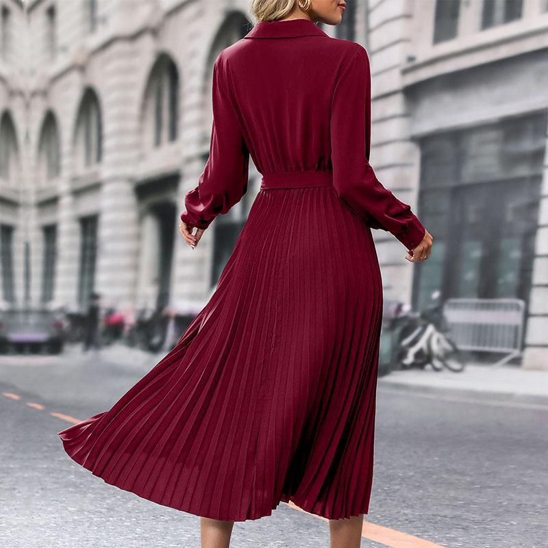 Autumn Casual Workplace Shirt-style Dress with V-neck and Pleated Solid Color Dress