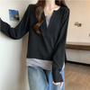 Fake Two Pieces Patchwork Pullovers Female Clothing Casual Long Sleeve Spring Autumn Korean Solid Color All-match V-Neck T-shirt