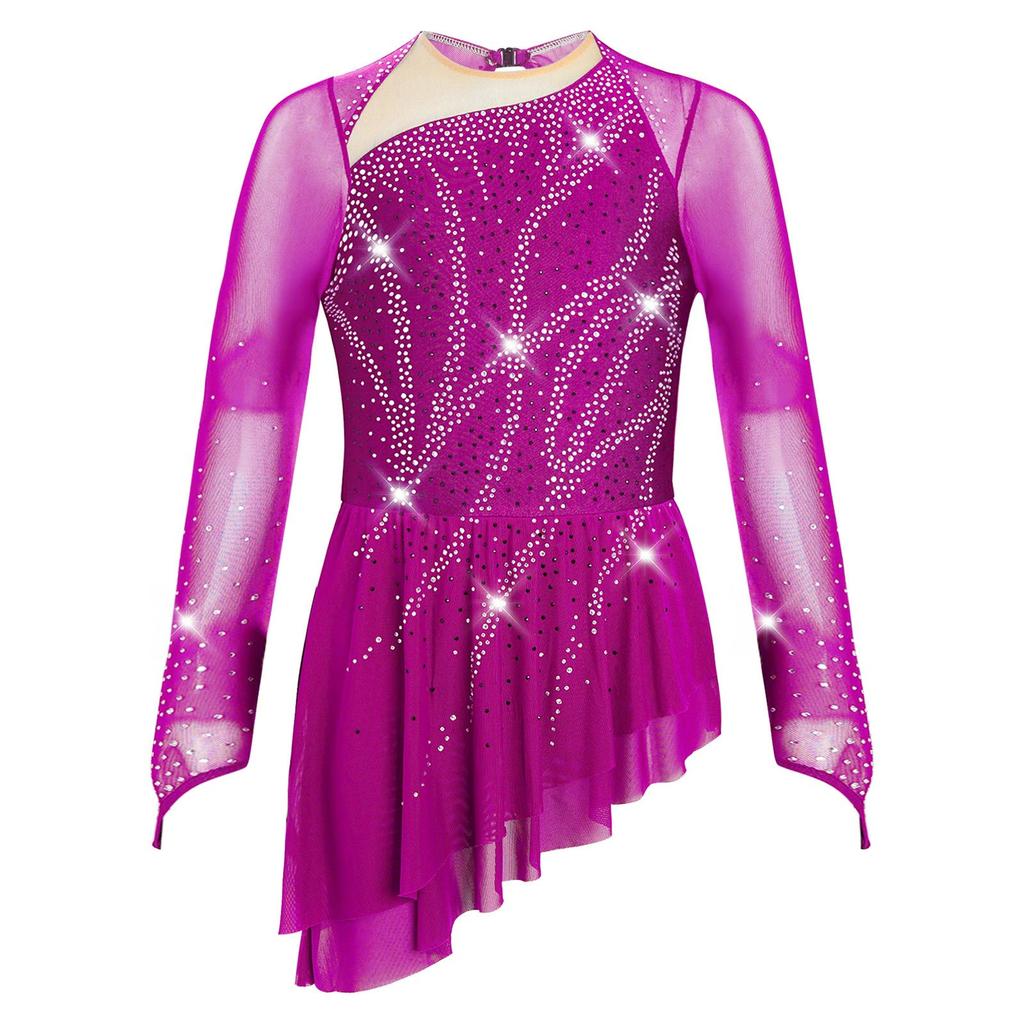Girls Sparkly Rhinestones Dance Dress Mesh Long Sleeves Cutout Back Asymmetric Hem Figure Skating Dress