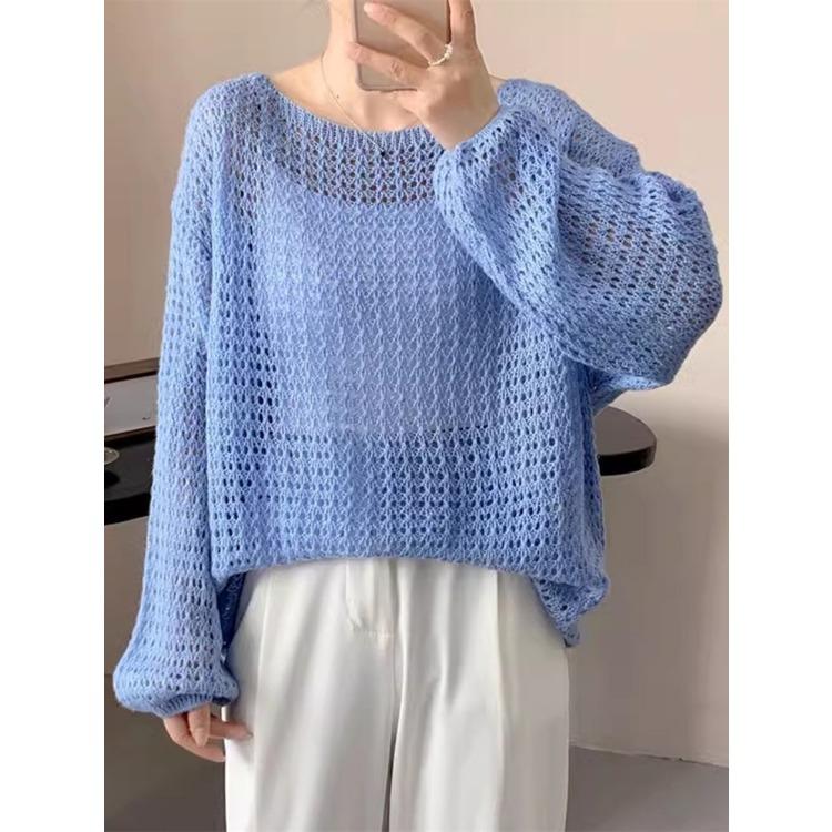 

Весна и лето корейский свободный длинный рукав солнцезащитный топ ленивый стиль ажурный трикотажный чехол для женщин 3XL синий